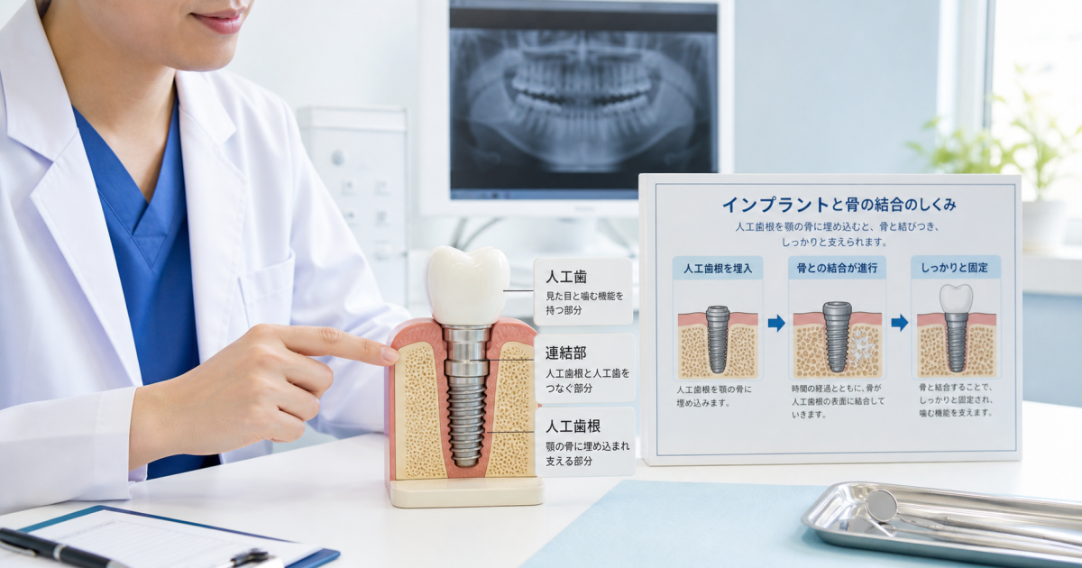 インプラントが他の歯を削らずに自立して固定される仕組み